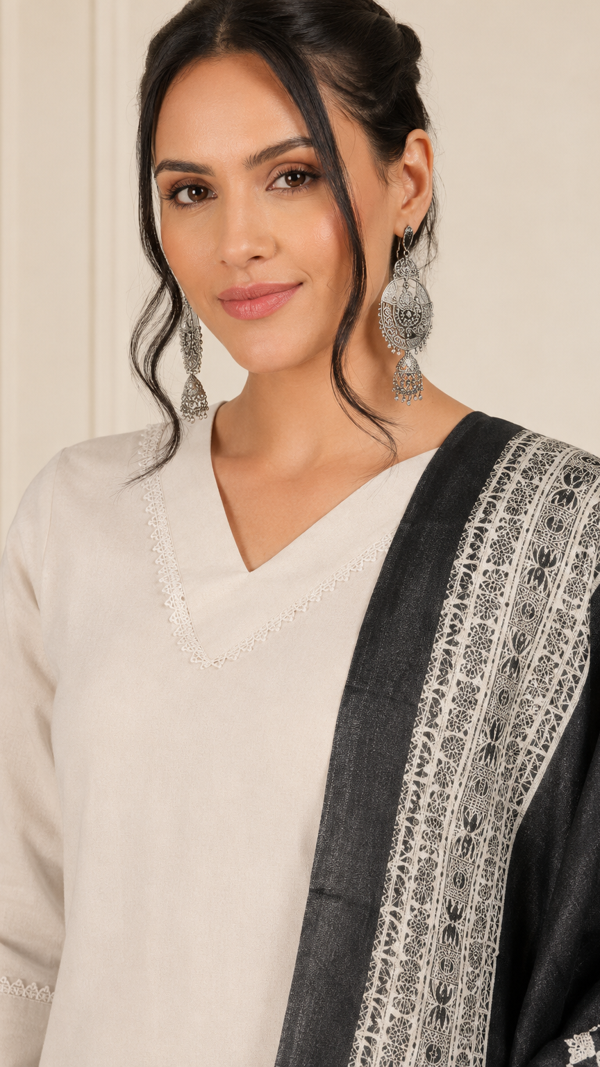 Ivory women’s salwar kameez suit with matching trousers and black printed dupatta, modest Asian ethnic wear outfit by Diya Online