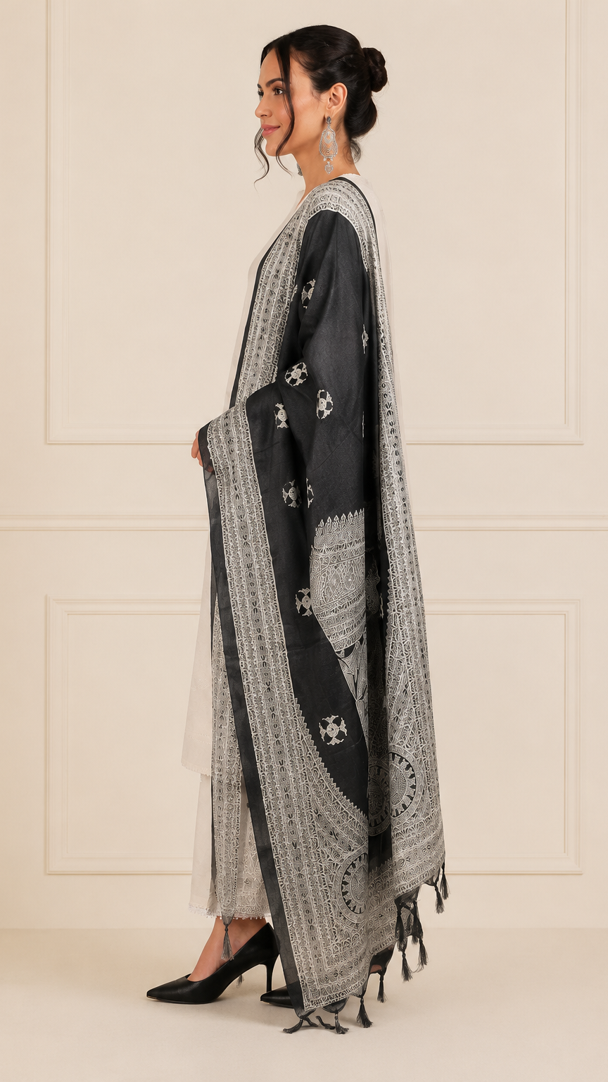 Ivory women’s salwar kameez suit with matching trousers and black printed dupatta, modest Asian ethnic wear outfit by Diya Online
