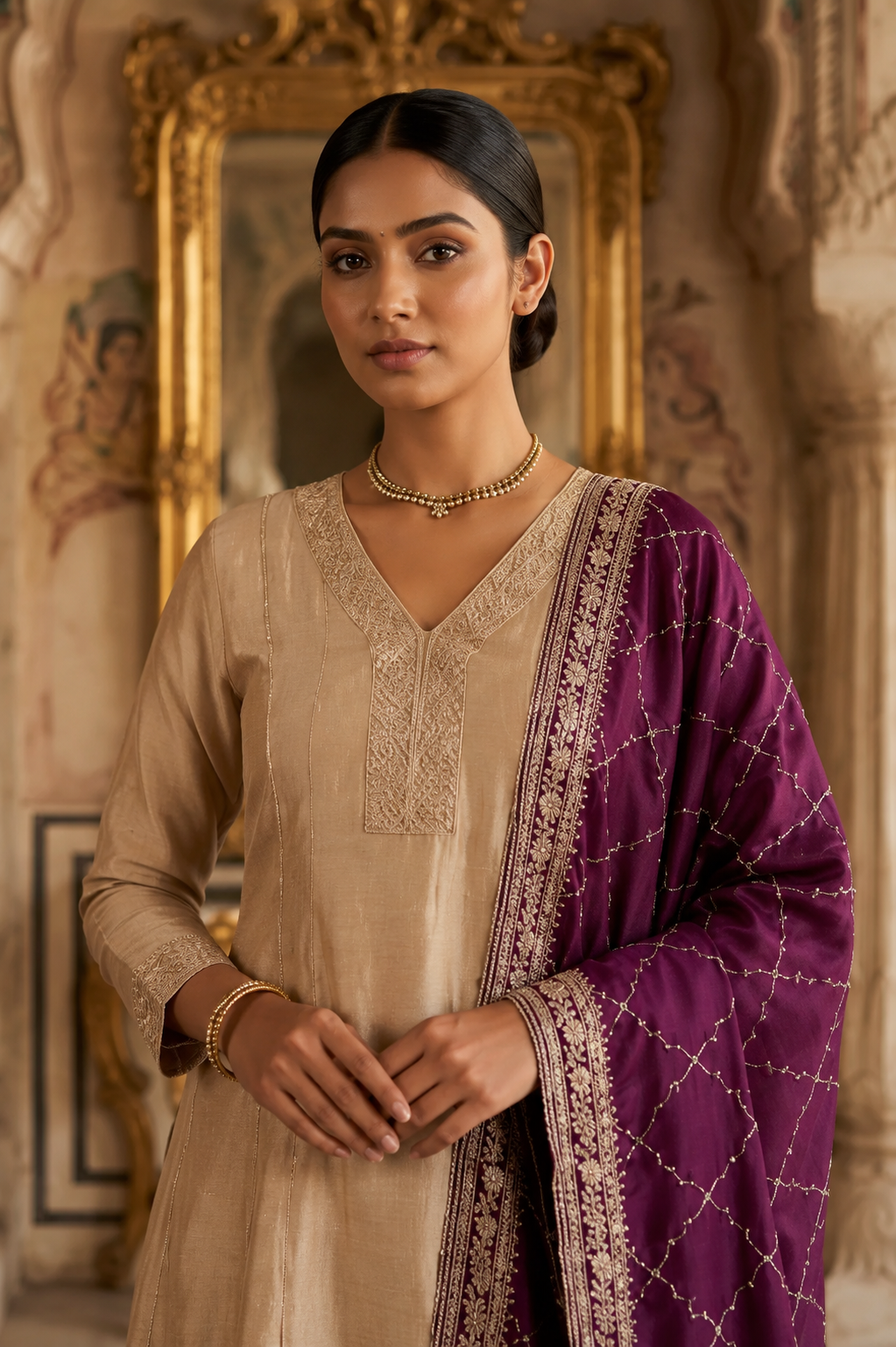 Ivory Georgette Vichitra Embroidered Suit Set