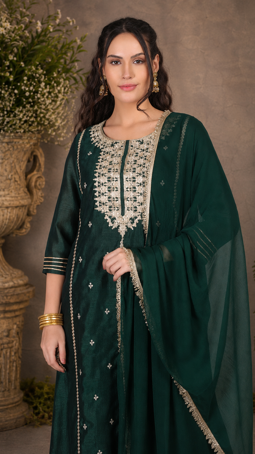 Emerald green women’s embroidered salwar kameez suit with matching sharara trousers and dupatta, elegant Asian occasion wear by Diya Online