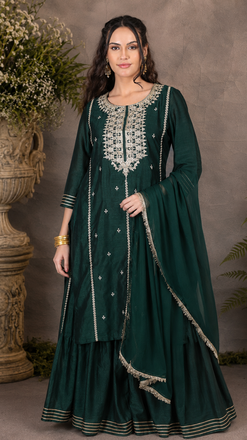 Emerald green women’s embroidered salwar kameez suit with matching sharara trousers and dupatta, elegant Asian occasion wear by Diya Online