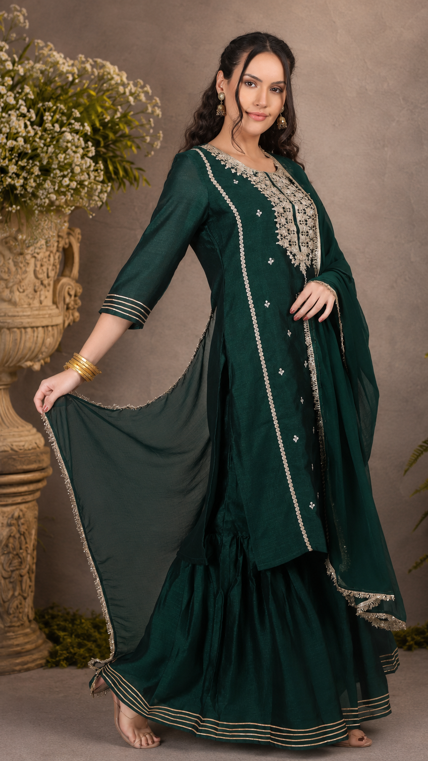 Emerald green women’s embroidered salwar kameez suit with matching sharara trousers and dupatta, elegant Asian occasion wear by Diya Online
