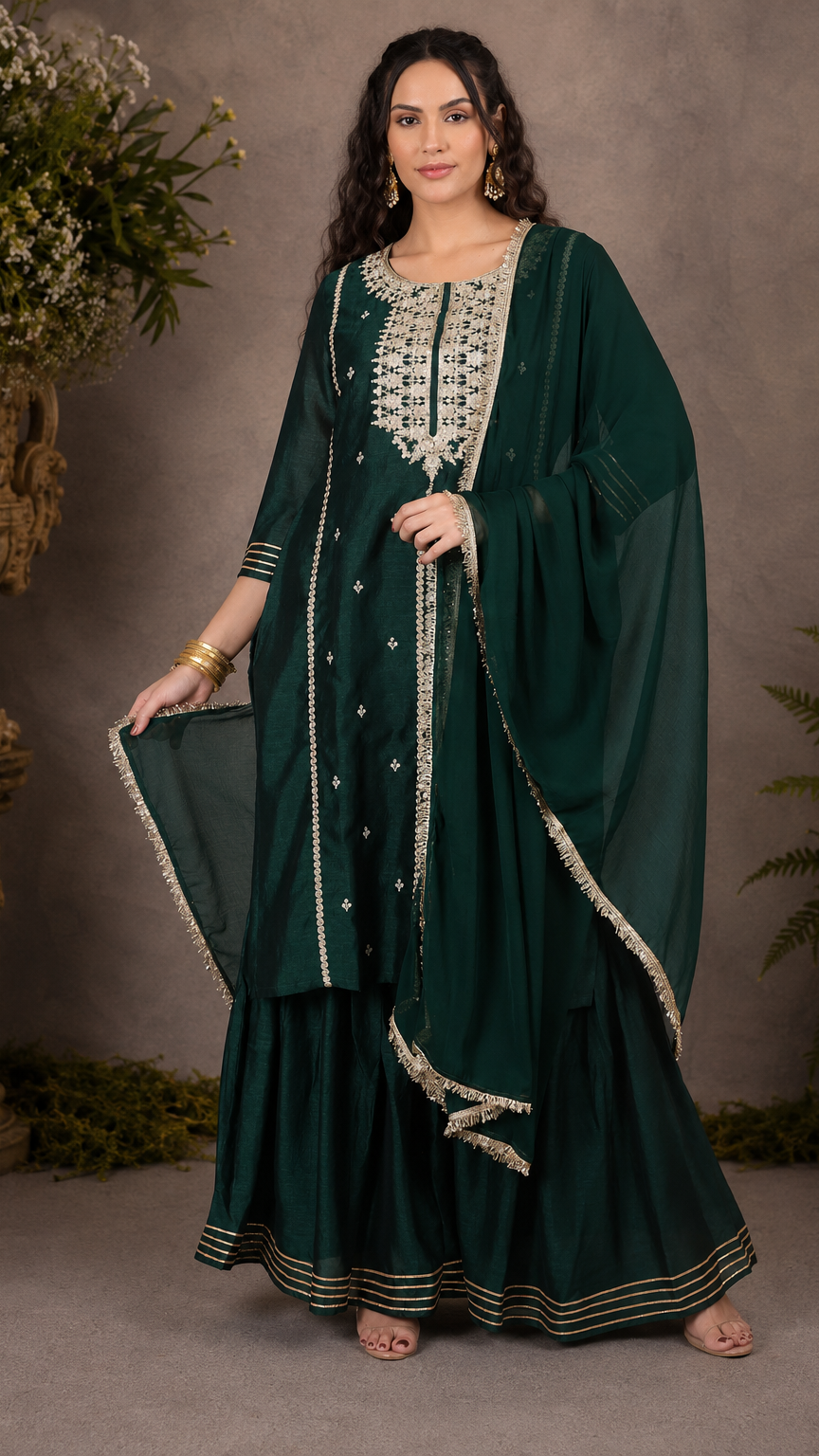 Emerald green women’s embroidered salwar kameez suit with matching sharara trousers and dupatta, elegant Asian occasion wear by Diya Online