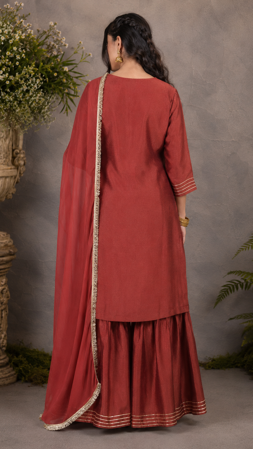 Deep red women’s embroidered salwar kameez suit with matching sharara trousers and dupatta, elegant Asian occasion wear by Diya Online
