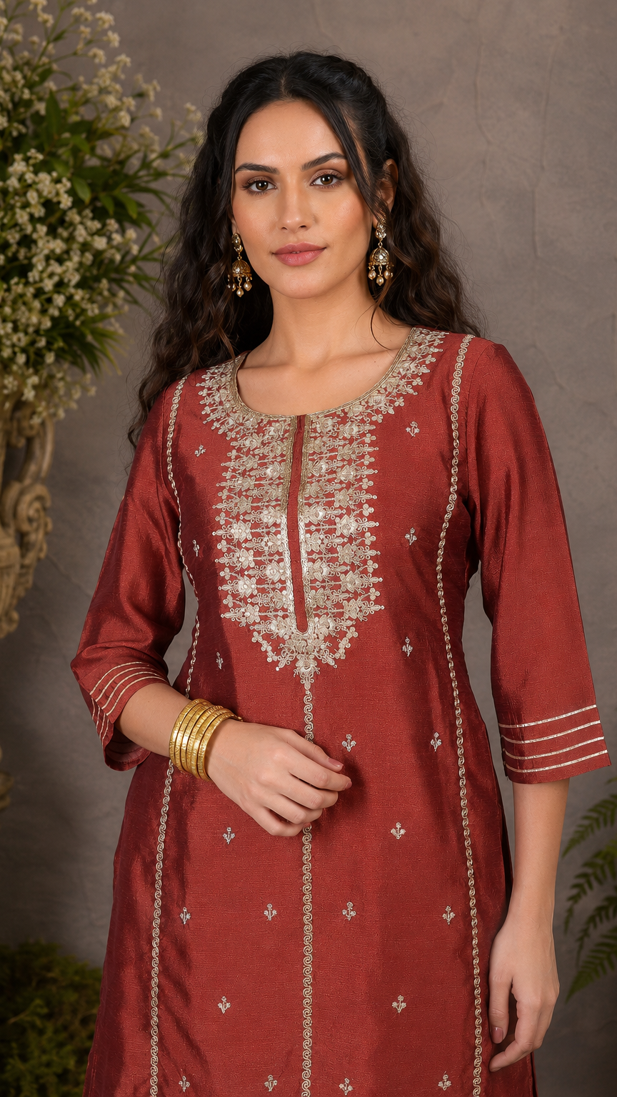 Deep red women’s embroidered salwar kameez suit with matching sharara trousers and dupatta, elegant Asian occasion wear by Diya Online