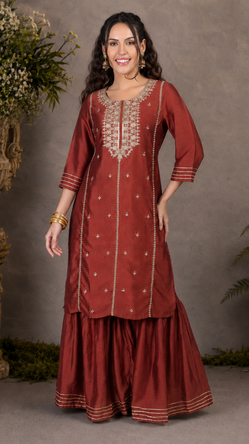 Deep red women’s embroidered salwar kameez suit with matching sharara trousers and dupatta, elegant Asian occasion wear by Diya Online