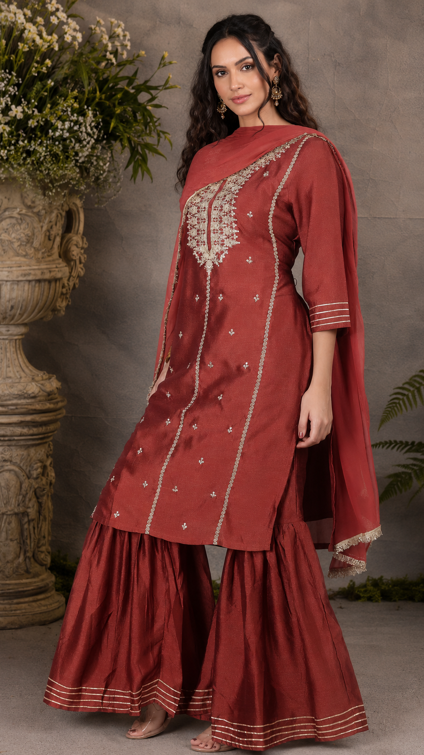 Deep red women’s embroidered salwar kameez suit with matching sharara trousers and dupatta, elegant Asian occasion wear by Diya Online
