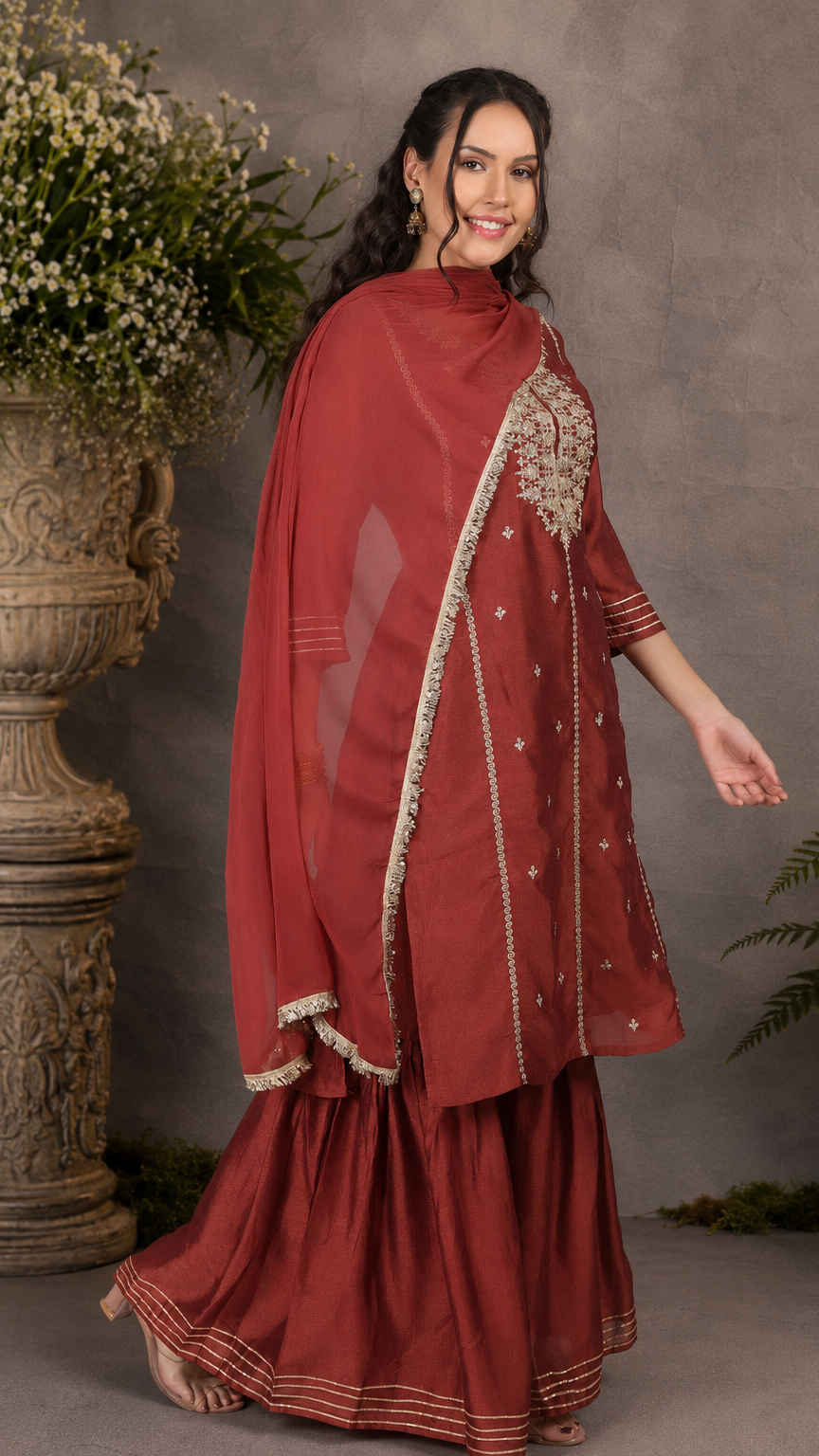Deep red women’s embroidered salwar kameez suit with matching sharara trousers and dupatta, elegant Asian occasion wear by Diya Online