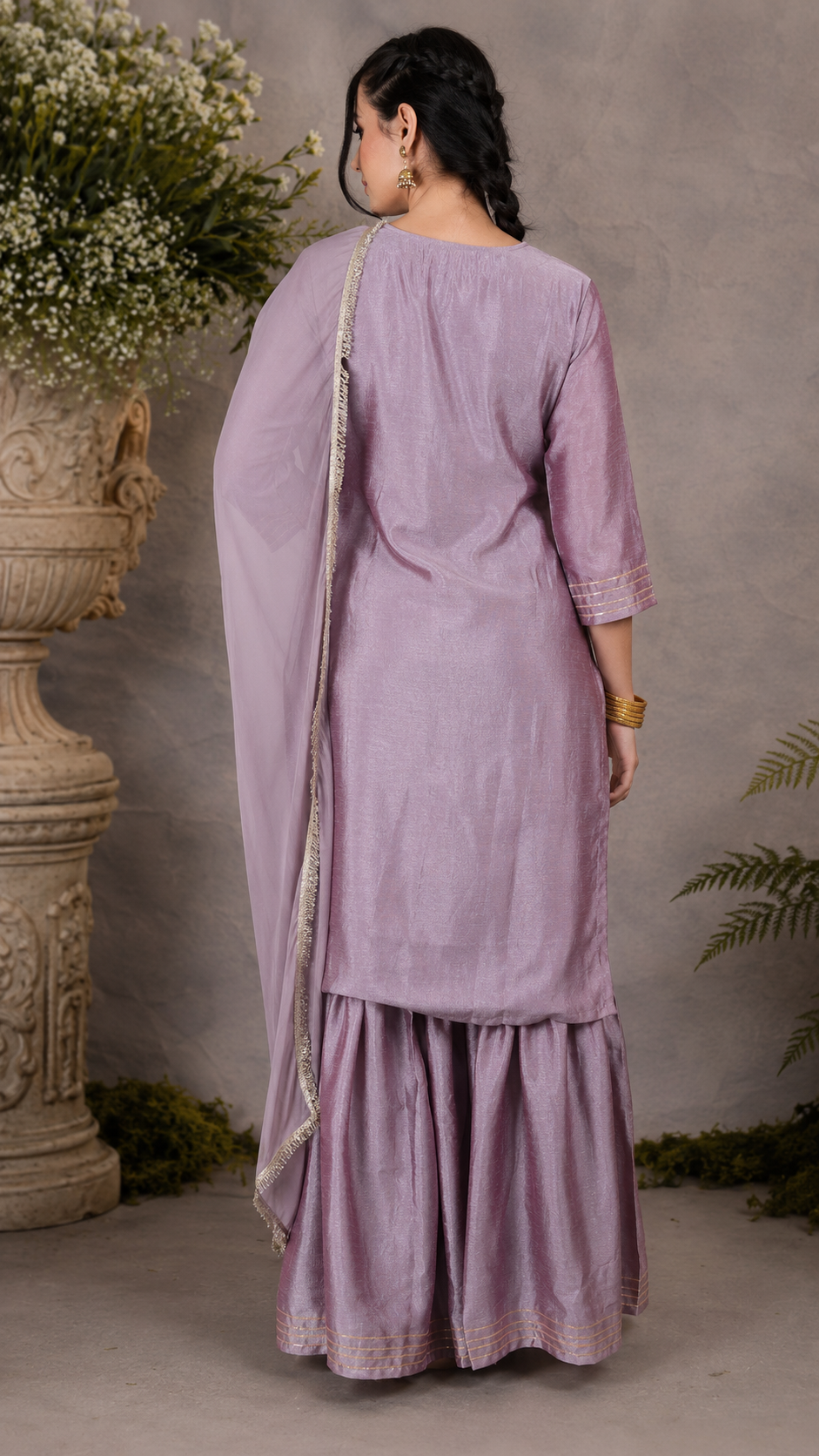 Mauve lavender women’s embroidered salwar kameez suit with matching sharara trousers and dupatta, elegant Asian occasion wear by Diya Online