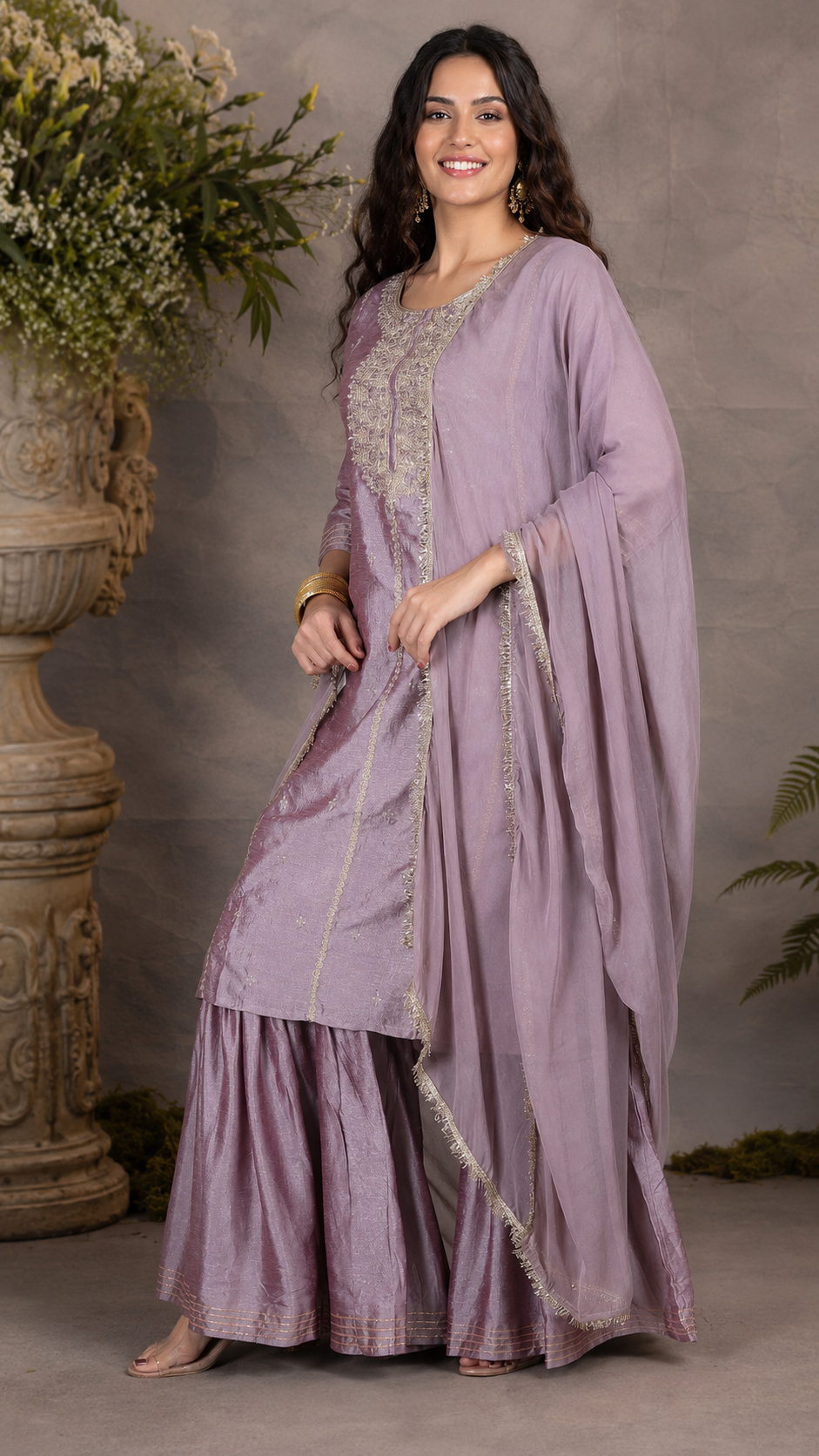 Mauve lavender women’s embroidered salwar kameez suit with matching sharara trousers and dupatta, elegant Asian occasion wear by Diya Online