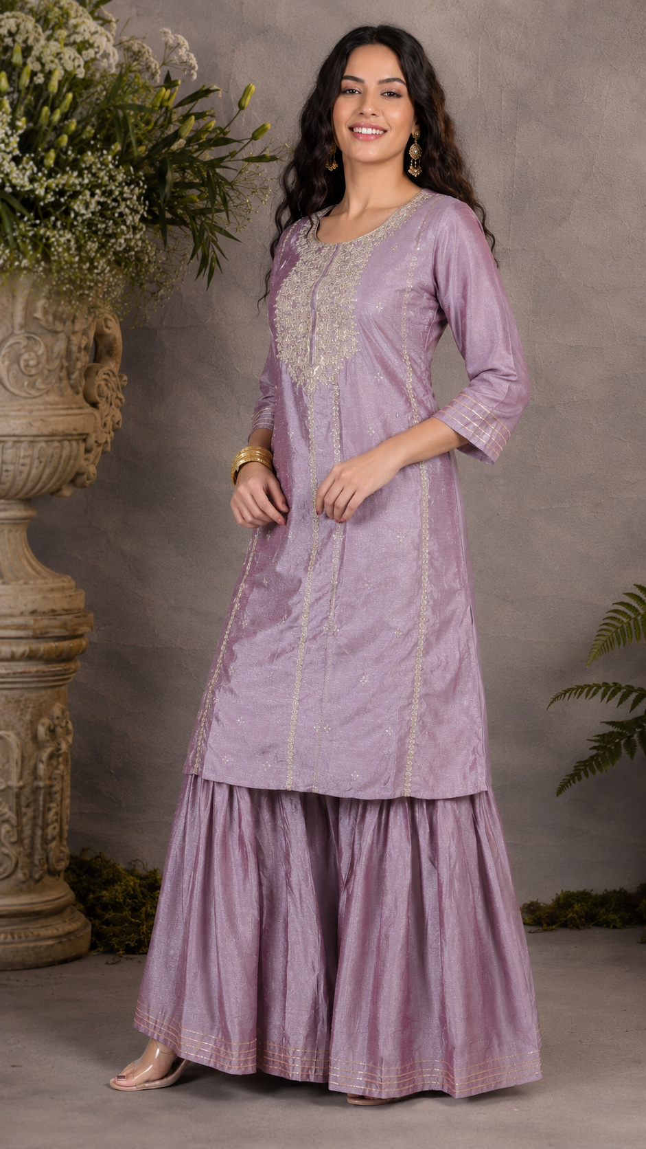 Mauve lavender women’s embroidered salwar kameez suit with matching sharara trousers and dupatta, elegant Asian occasion wear by Diya Online