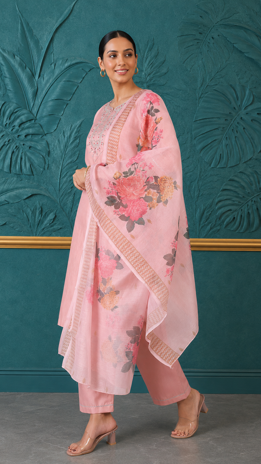 Blush pink women’s embroidered salwar kameez suit with matching trousers and floral printed dupatta, modest Asian wear by Diya Online