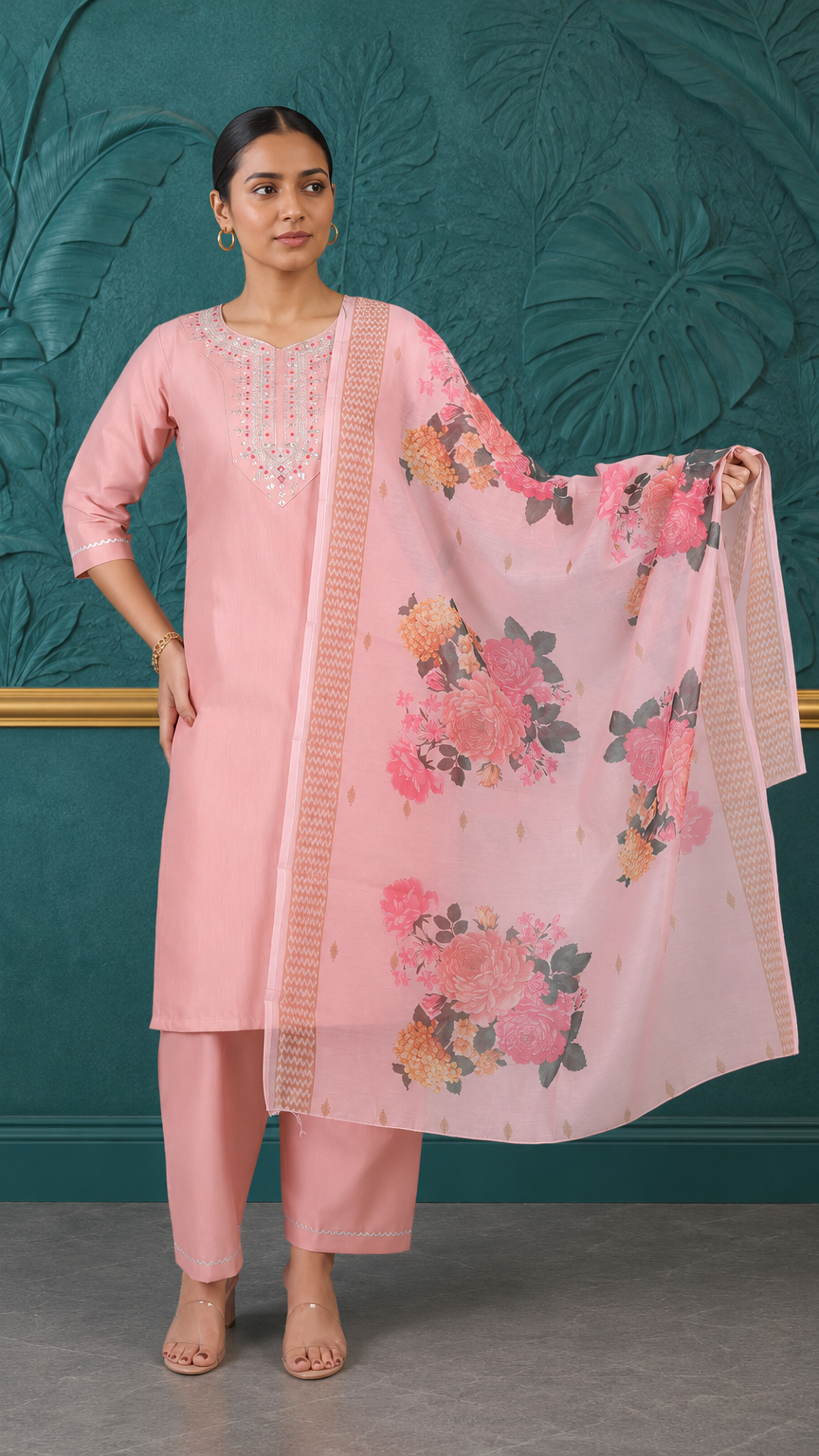 Blush pink women’s embroidered salwar kameez suit with matching trousers and floral printed dupatta, modest Asian wear by Diya Online