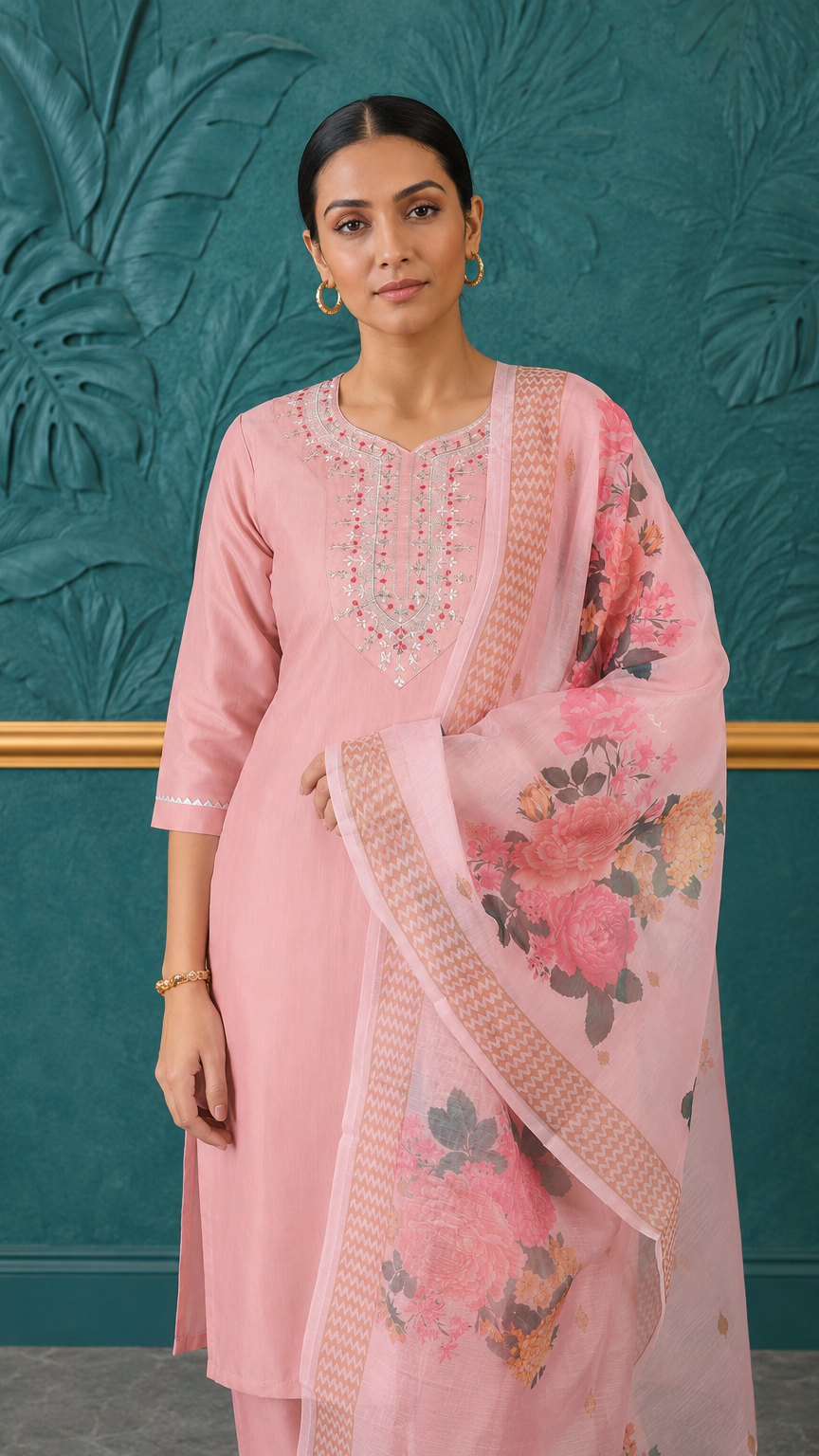Blush pink women’s embroidered salwar kameez suit with matching trousers and floral printed dupatta, modest Asian wear by Diya Online