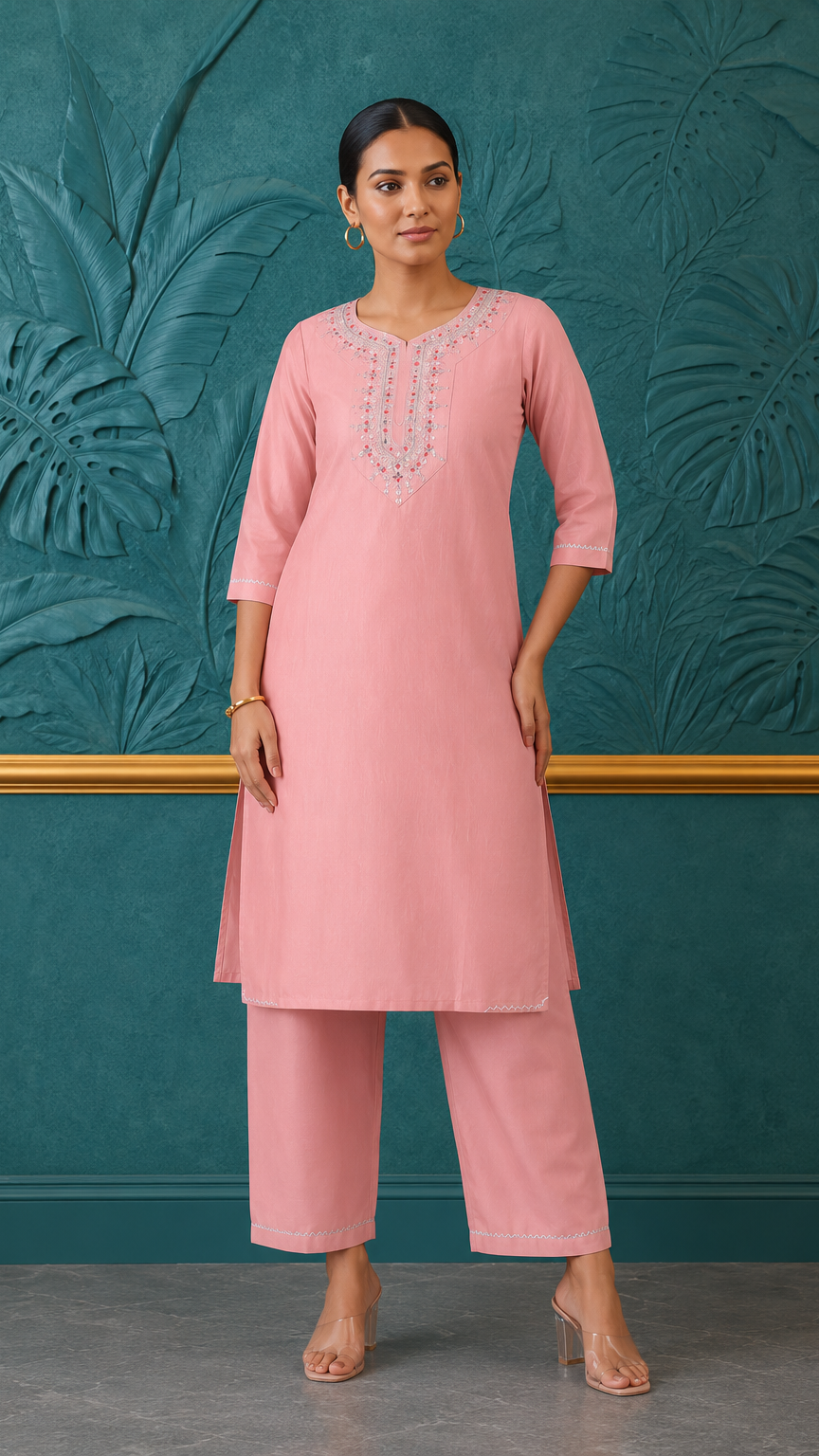 Blush pink women’s embroidered salwar kameez suit with matching trousers and floral printed dupatta, modest Asian wear by Diya Online