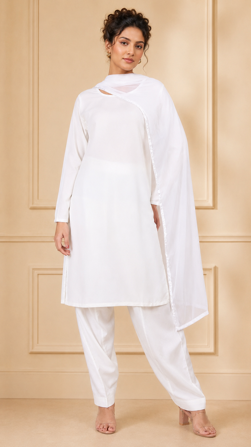 White women’s salwar kameez suit with matching trousers and plain chiffon dupatta, elegant modest Asian ethnic wear by Diya Online