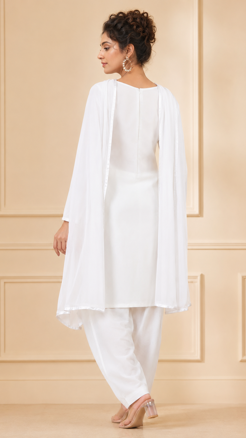 White women’s salwar kameez suit with matching trousers and plain chiffon dupatta, elegant modest Asian ethnic wear by Diya Online