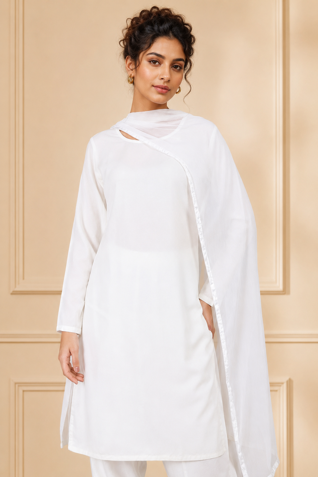 Plain White Rayon Suit Set with Chiffon Dupatta