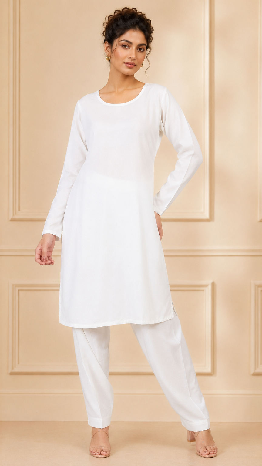 White women’s salwar kameez suit with matching trousers and plain chiffon dupatta, elegant modest Asian ethnic wear by Diya Online