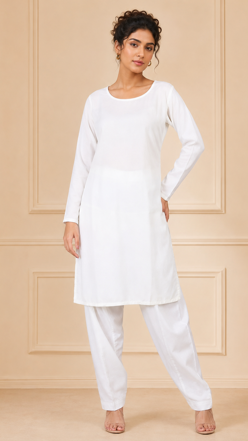White women’s salwar kameez suit with matching trousers and plain chiffon dupatta, elegant modest Asian ethnic wear by Diya Online