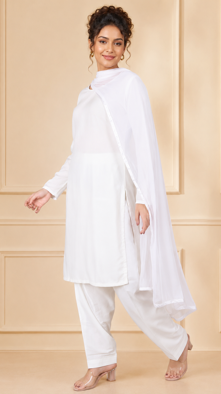 White women’s salwar kameez suit with matching trousers and plain chiffon dupatta, elegant modest Asian ethnic wear by Diya Online