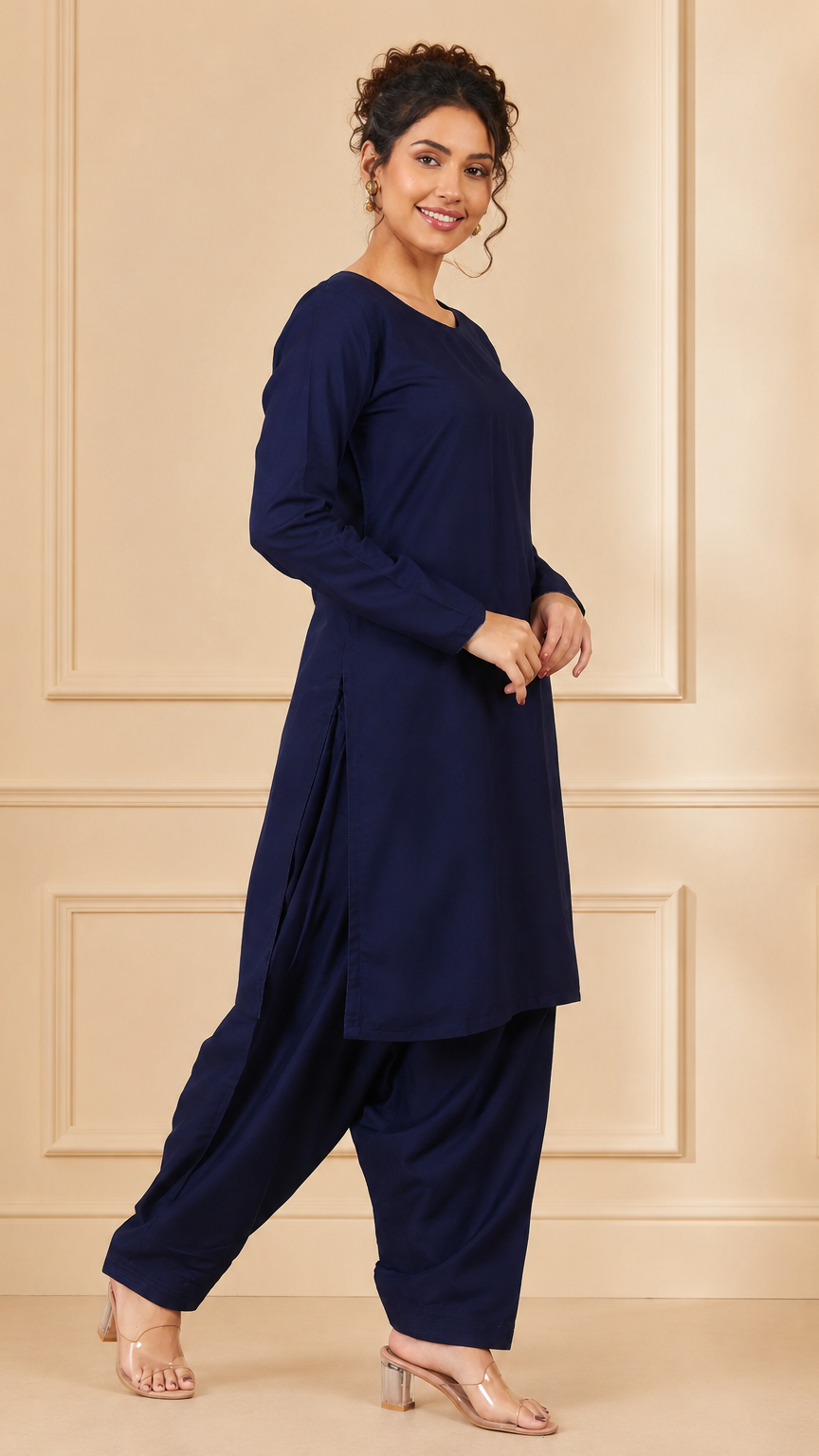 Navy blue women’s salwar kameez suit with matching trousers and plain chiffon dupatta, modest Asian ethnic wear outfit by Diya Online