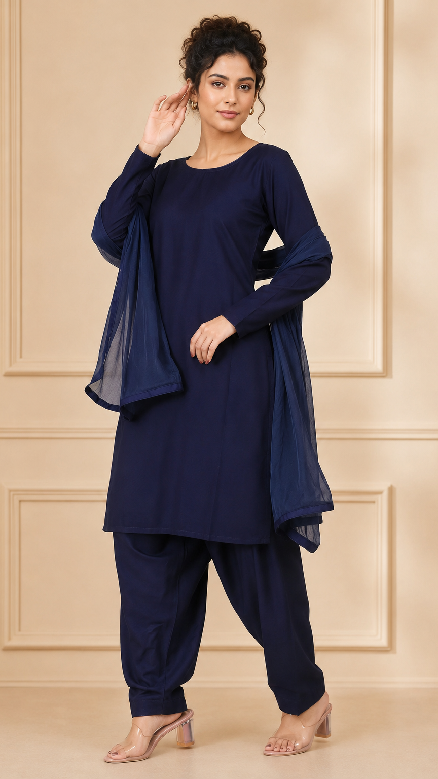 Navy blue women’s salwar kameez suit with matching trousers and plain chiffon dupatta, modest Asian ethnic wear outfit by Diya Online