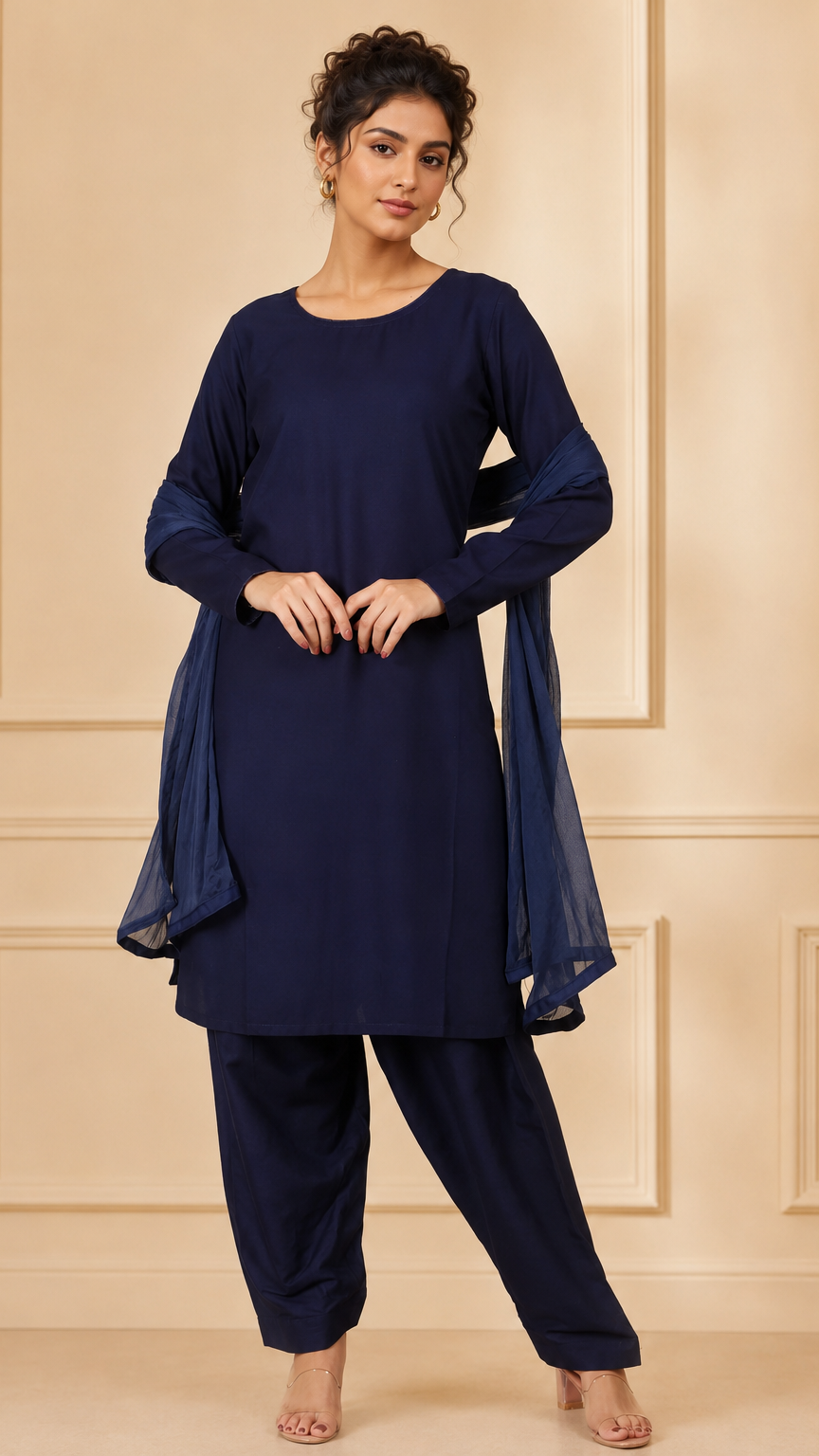 Navy blue women’s salwar kameez suit with matching trousers and plain chiffon dupatta, modest Asian ethnic wear outfit by Diya Online