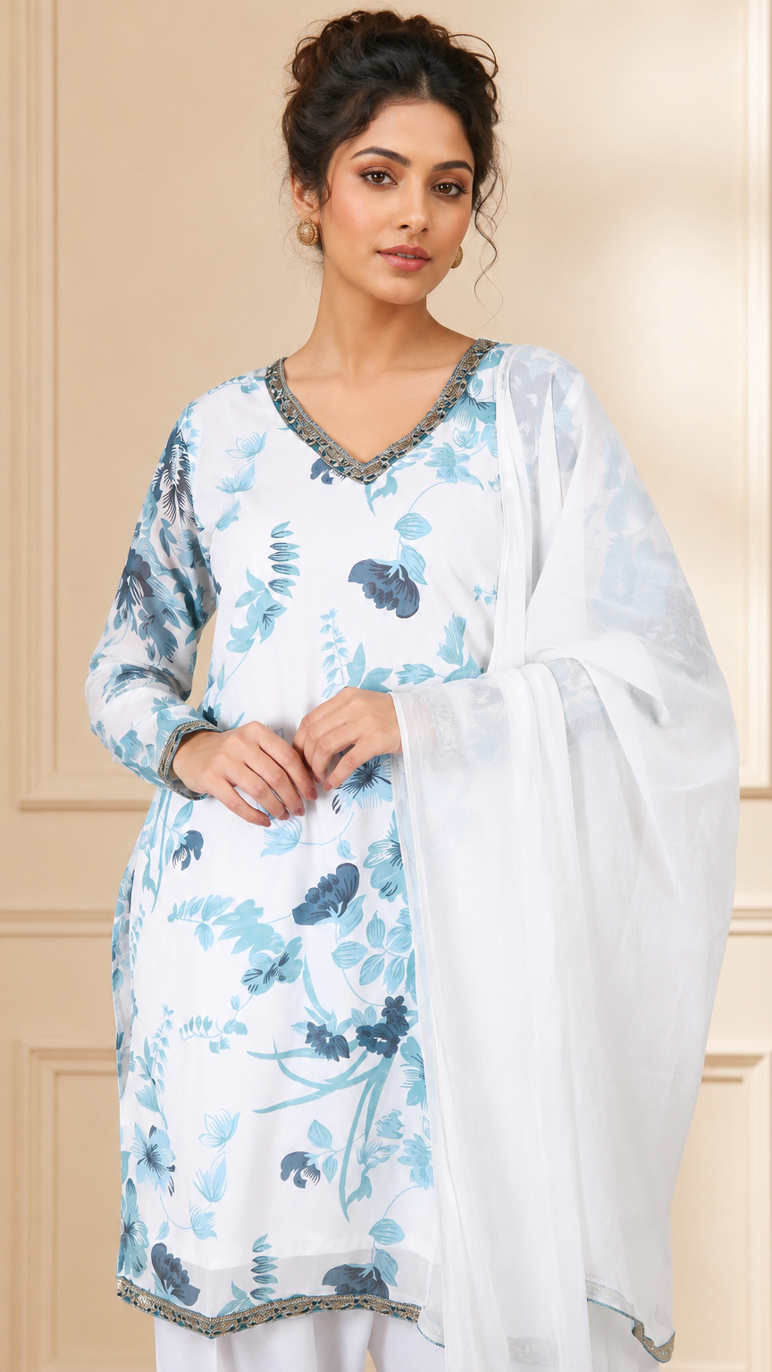 White and blue floral salwar kameez with matching dupatta – Diya Online