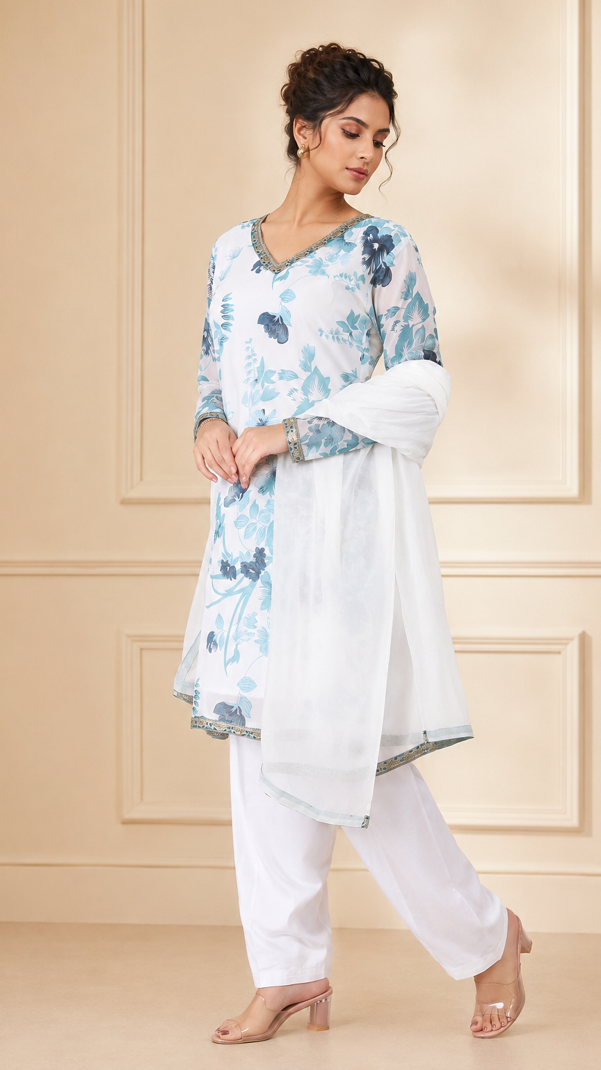White and blue floral salwar kameez with matching dupatta – Diya Online