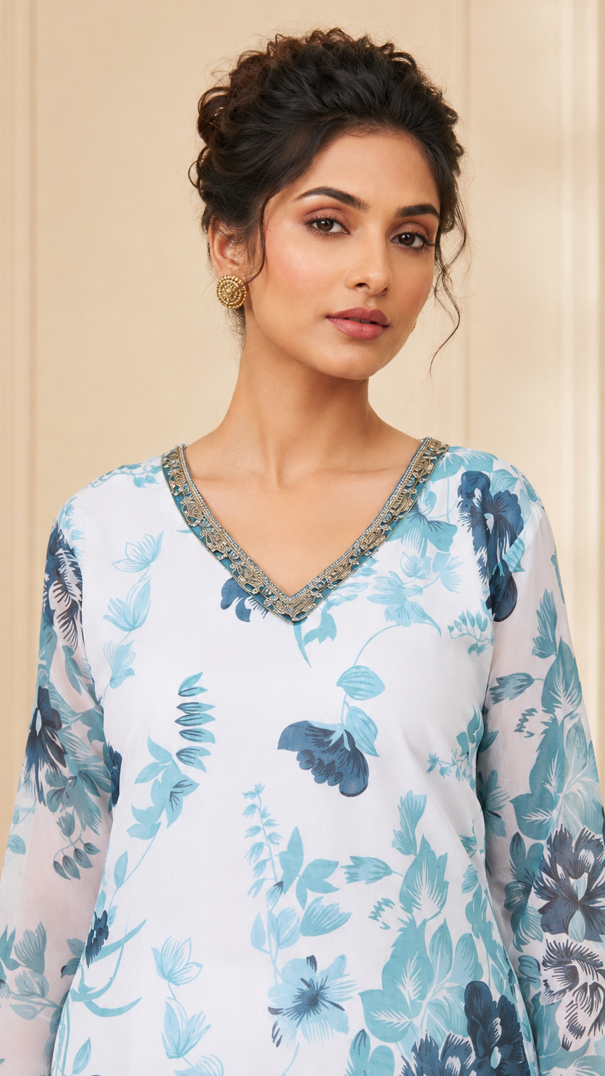 White and blue floral salwar kameez with matching dupatta – Diya Online