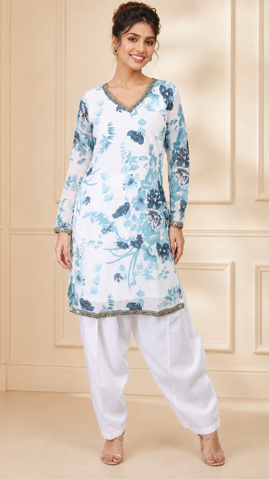 White and blue floral salwar kameez with matching dupatta – Diya Online