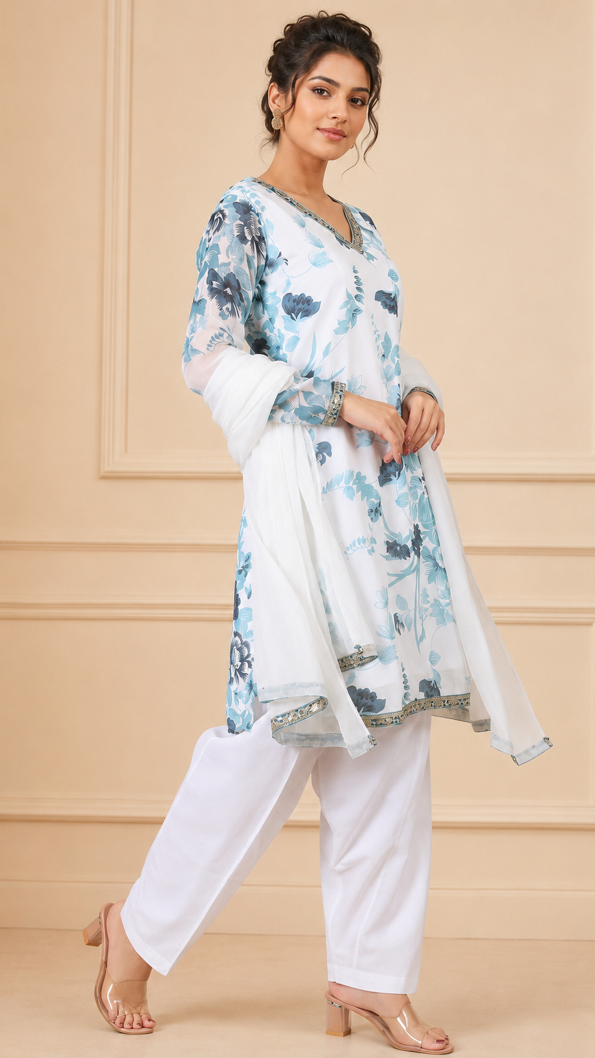 White and blue floral salwar kameez with matching dupatta – Diya Online