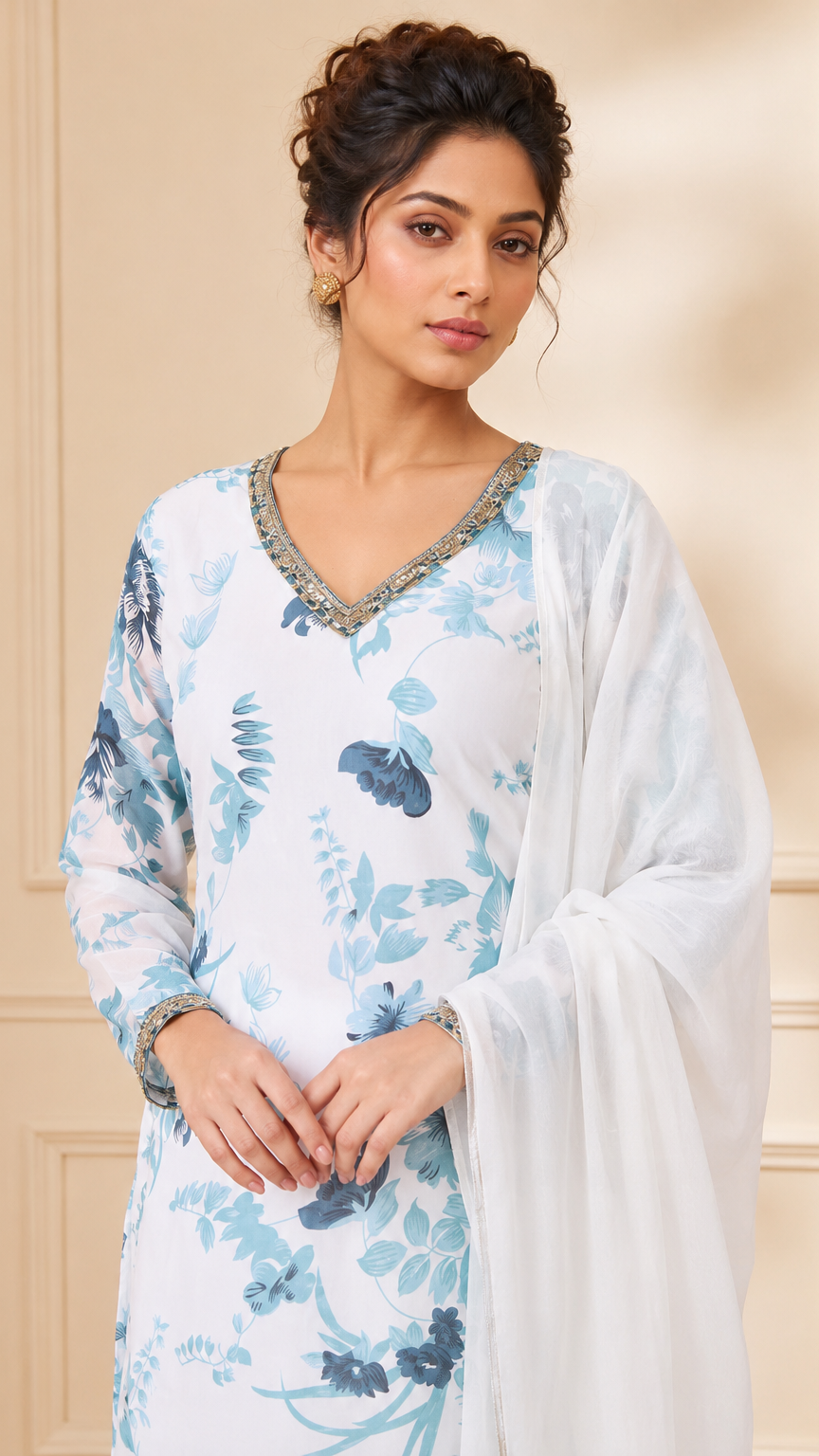 White and blue floral salwar kameez with matching dupatta – Diya Online