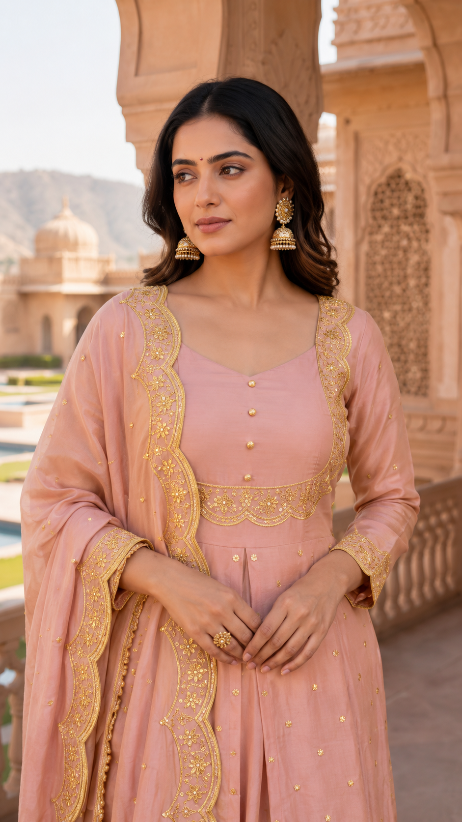 Pink Vichitra Silk Bias Cut Skirt Set with Scalloped Dupatta