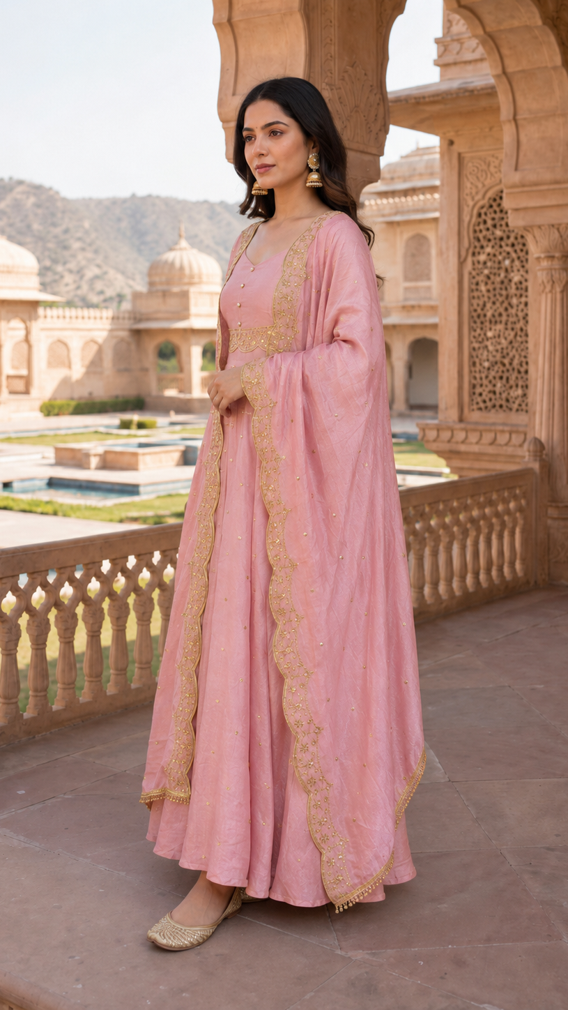 Buy heavy pink embroidered anarkali suit with matching dupatta online at Diya Online