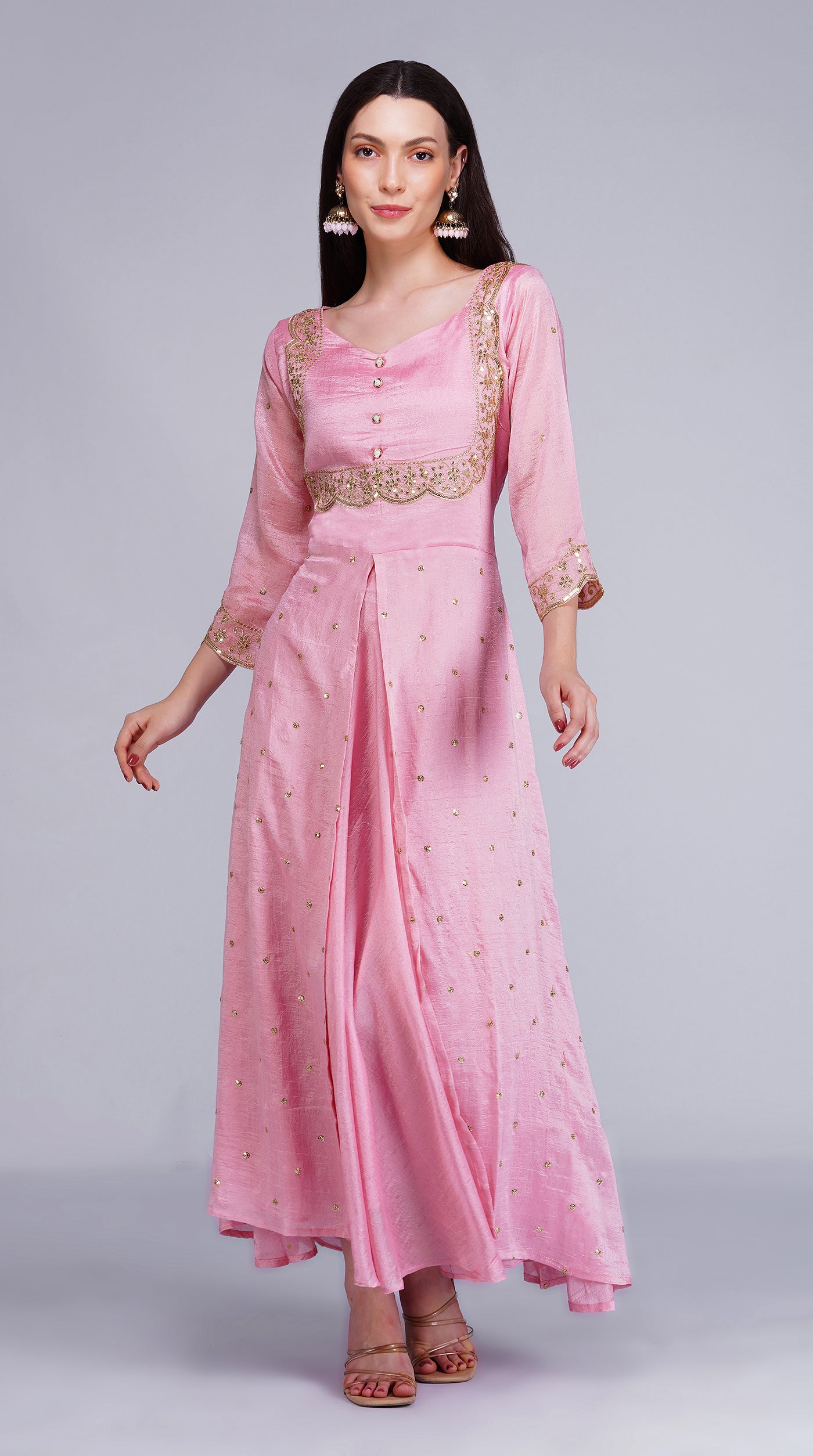 Pink Vichitra Silk Bias Cut Skirt Set with Scalloped Dupatta