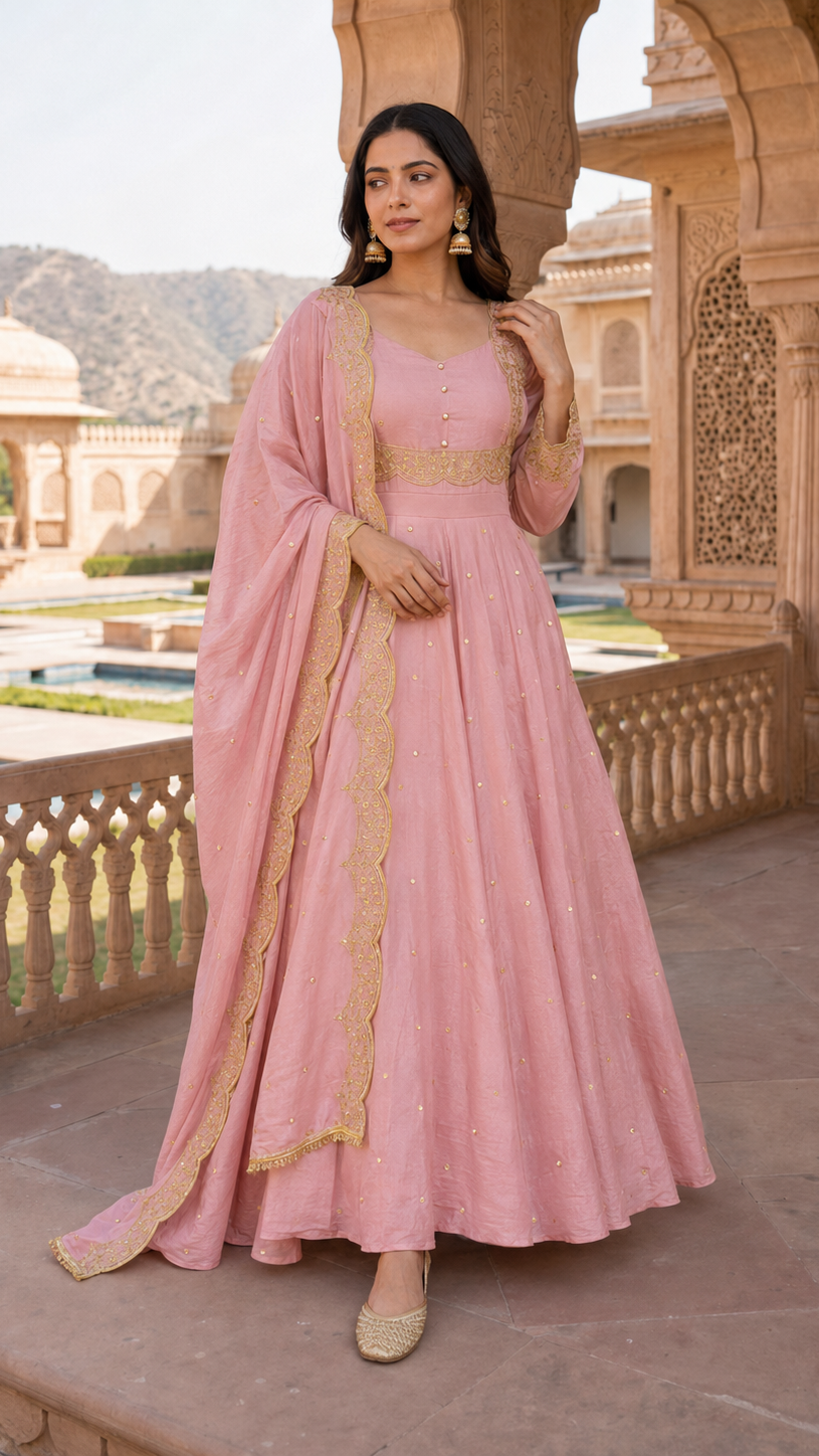 Buy heavy pink embroidered anarkali suit with matching dupatta online at Diya Online