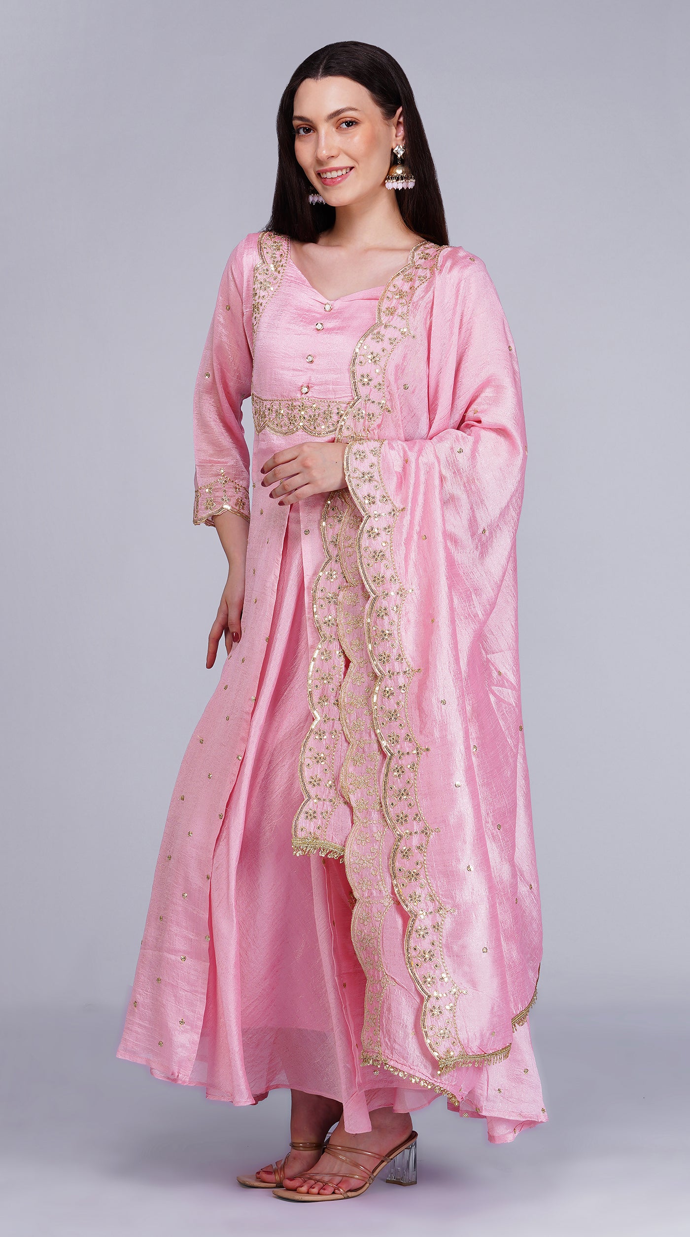 Pink Vichitra Silk Bias Cut Skirt Set with Scalloped Dupatta