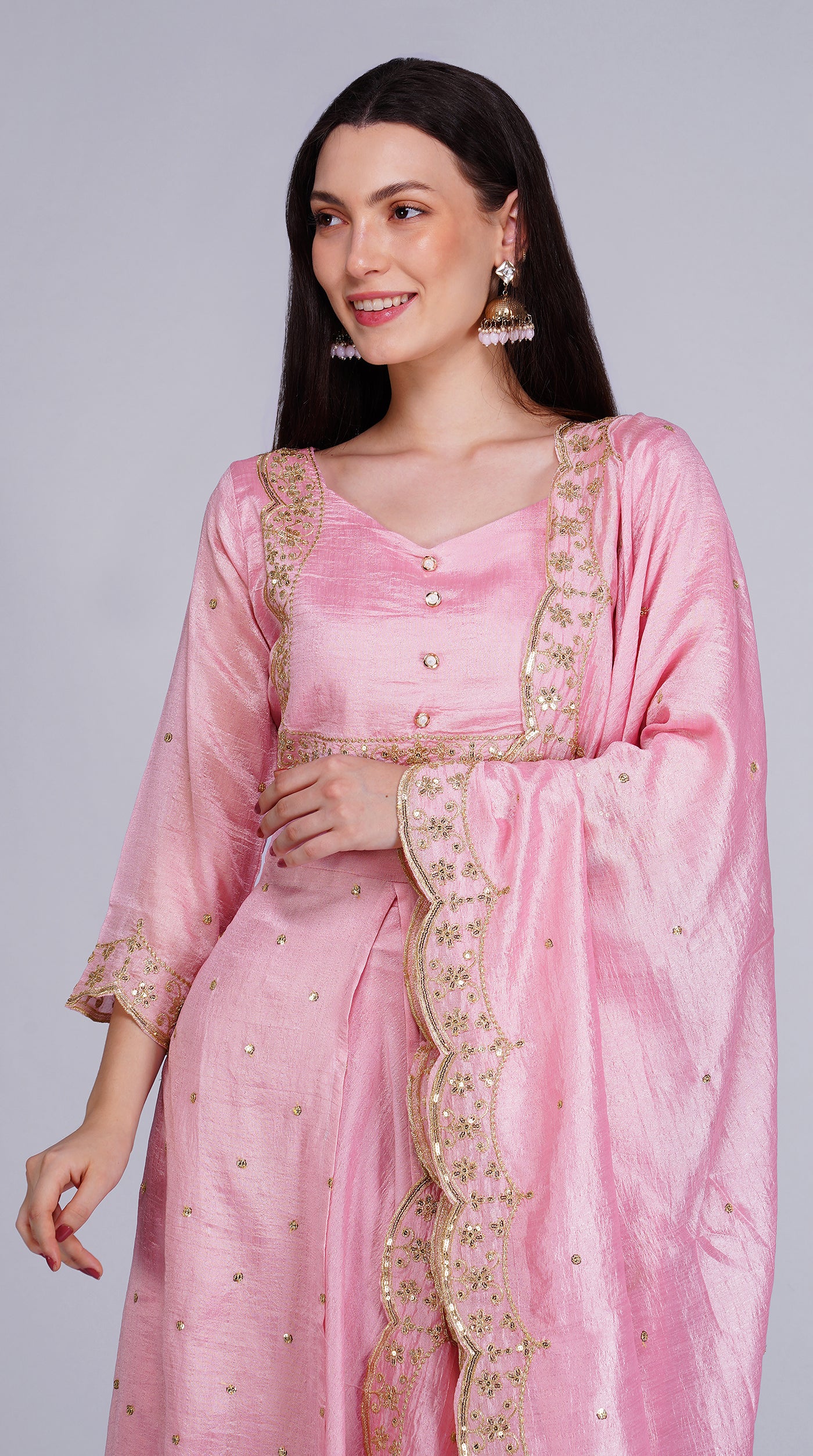 Pink Vichitra Silk Bias Cut Skirt Set with Scalloped Dupatta