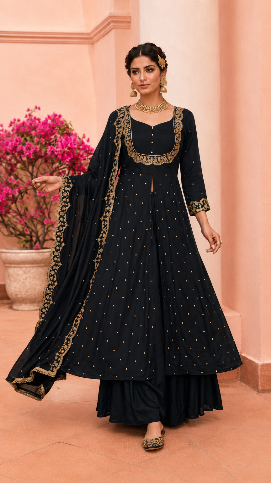 Buy heavy black embroidered anarkali suit with matching dupatta and palazzo online at Diya Online