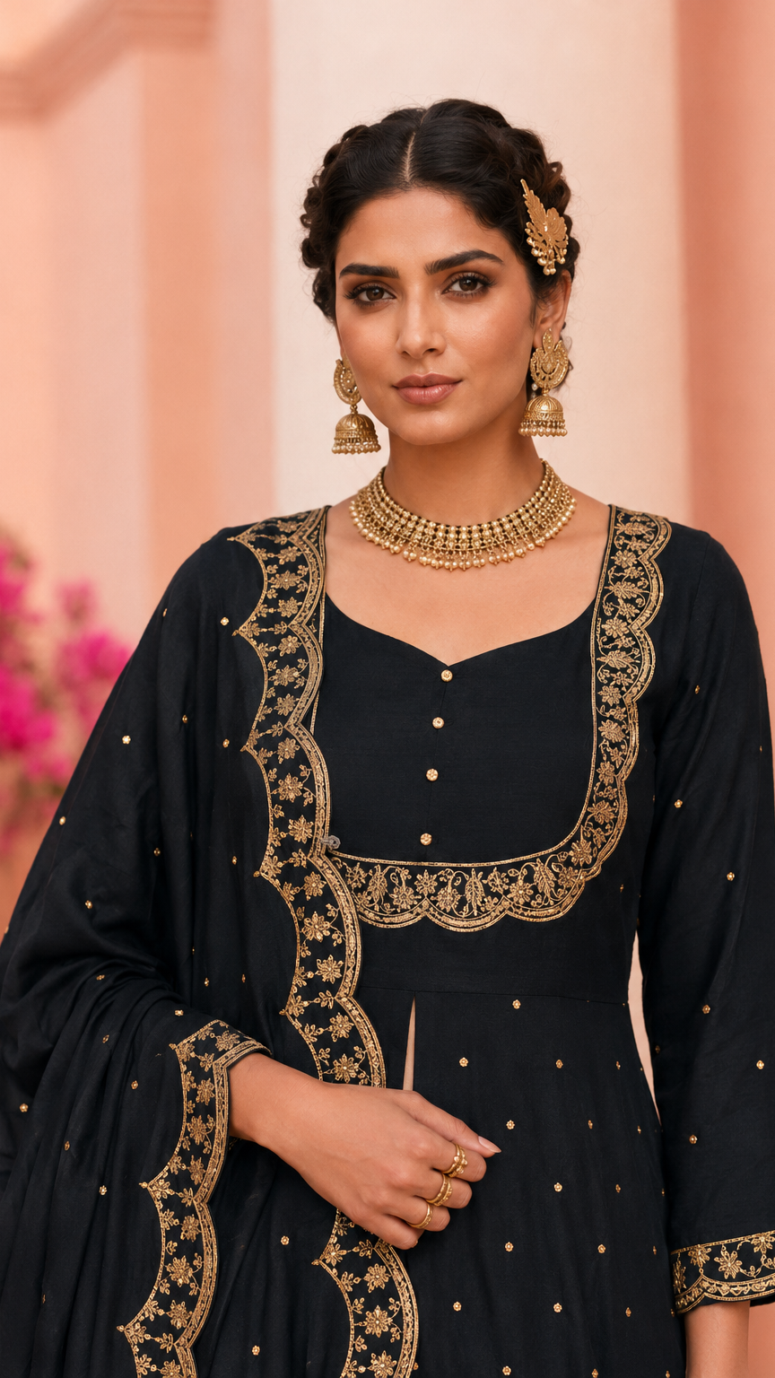 Buy heavy black embroidered anarkali suit with matching dupatta and palazzo online at Diya Online