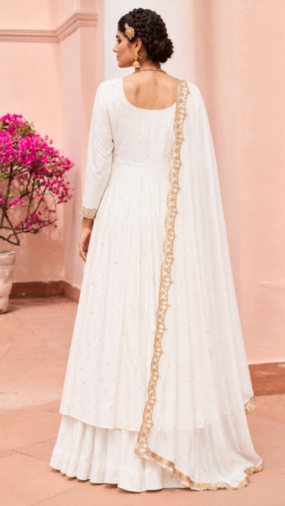 White Vichitra Silk Bias Cut Skirt Set with Scalloped Dupatta