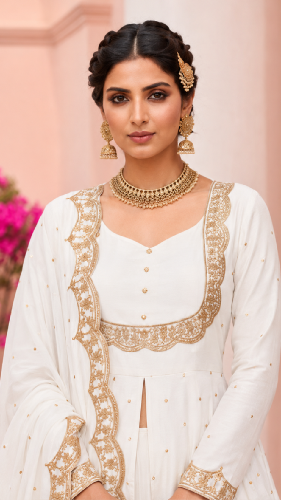 White heavy embroidered Anarkali suit with gold border and matching dupatta for wedding and festive wear
