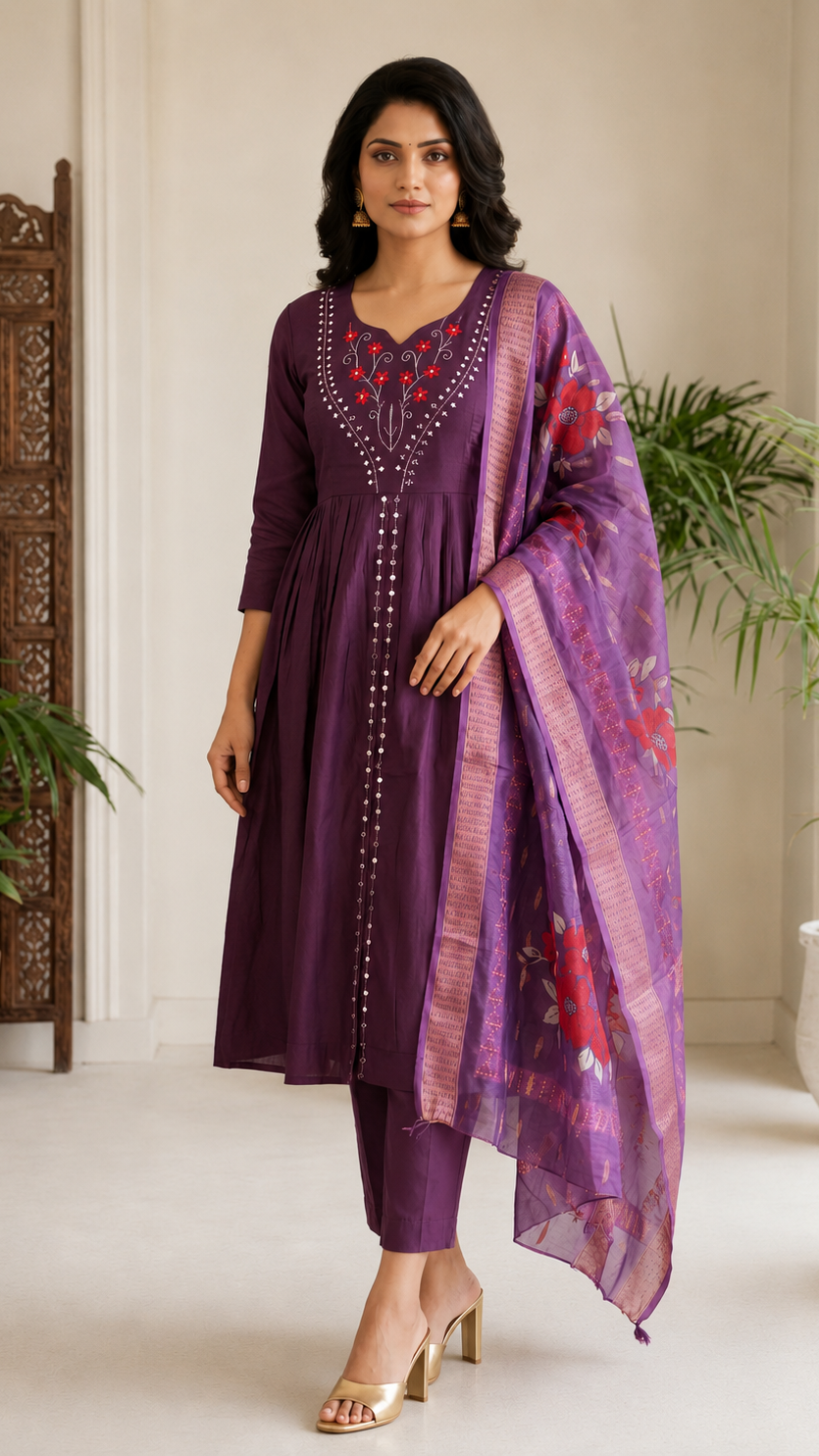 Plum purple embroidered Anarkali kurta set with trousers and floral dupatta for women’s Pakistani Indian ethnic wear