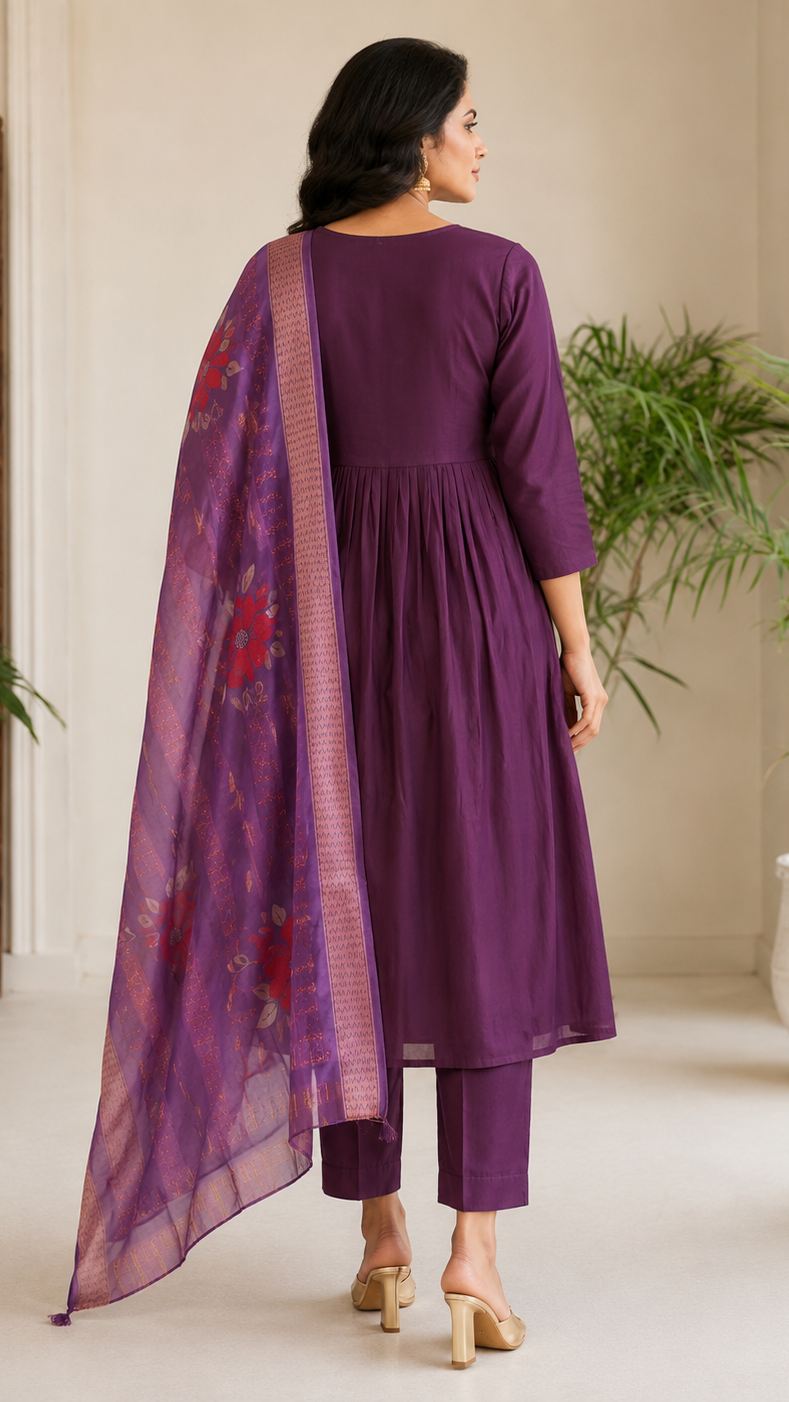 Plum purple embroidered Anarkali kurta set with trousers and floral dupatta for women’s Pakistani Indian ethnic wear