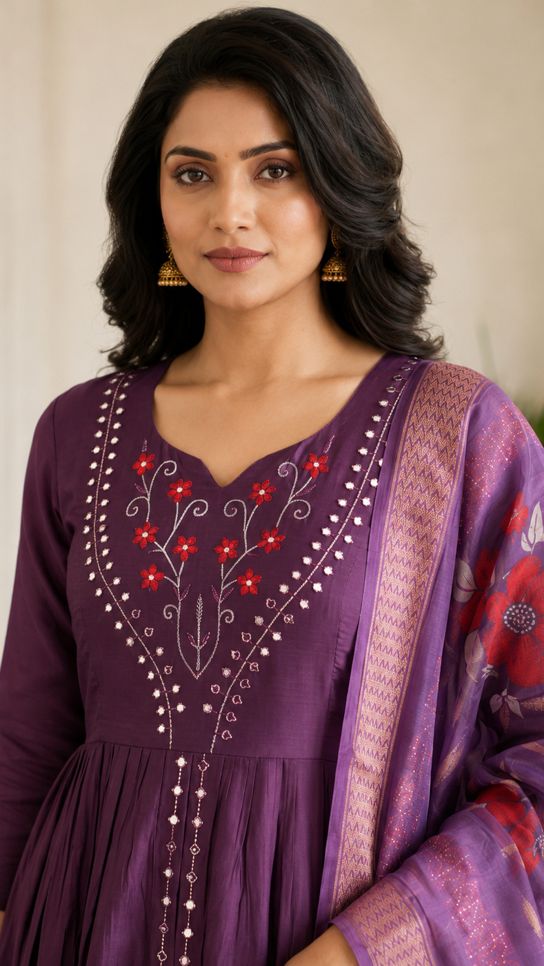 Plum purple embroidered Anarkali kurta set with trousers and floral dupatta for women’s Pakistani Indian ethnic wear