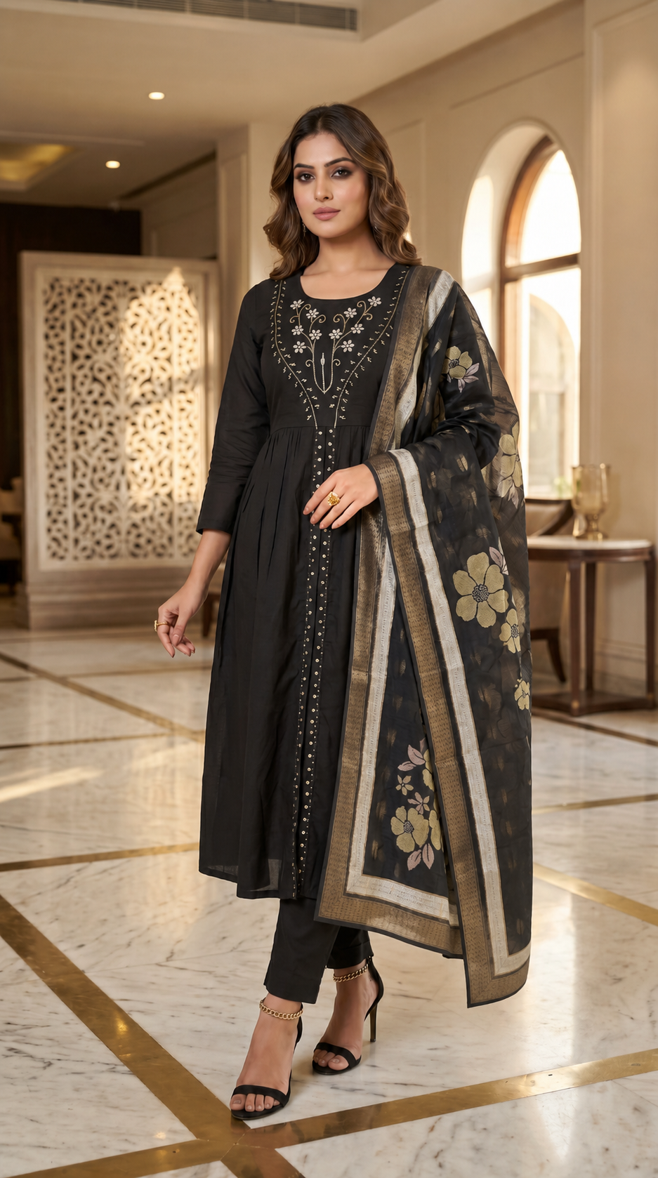 Black Cotton Silk Bias Cut Suit Set
