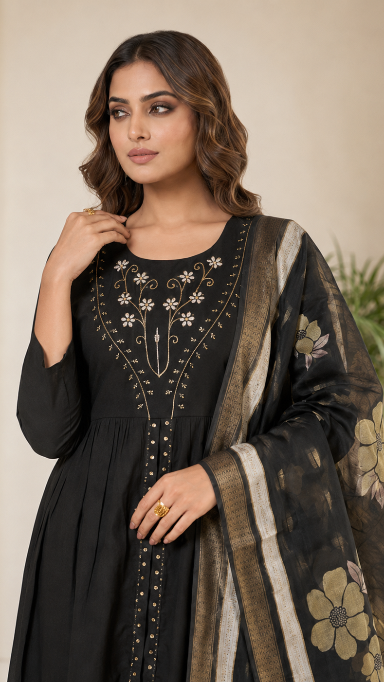 Black embroidered Anarkali kurta set with trousers and floral dupatta for women’s Pakistani Indian ethnic wear