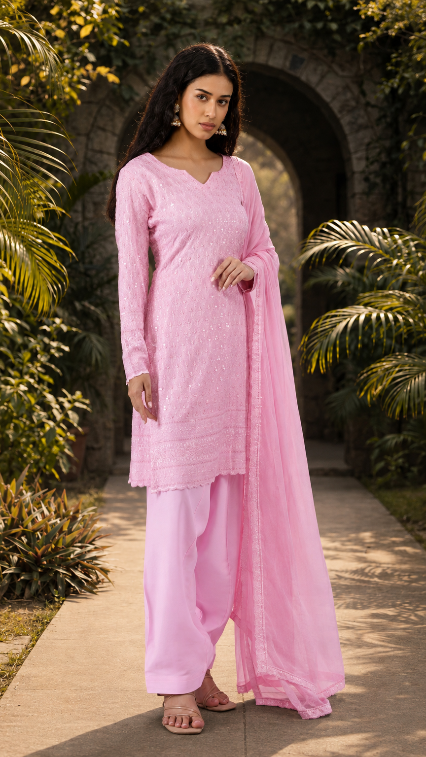 Buy pastel pink sequin embroidered Pakistani salwar kameez with loose shalwar trousers for women online at Diya Online